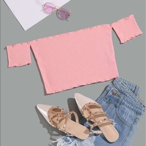 Off Shoulder Frill Trim Rib-knit Crop Tee